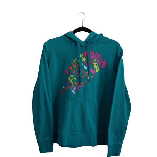 The North Face turquoise Hoodie with colorful printed logo